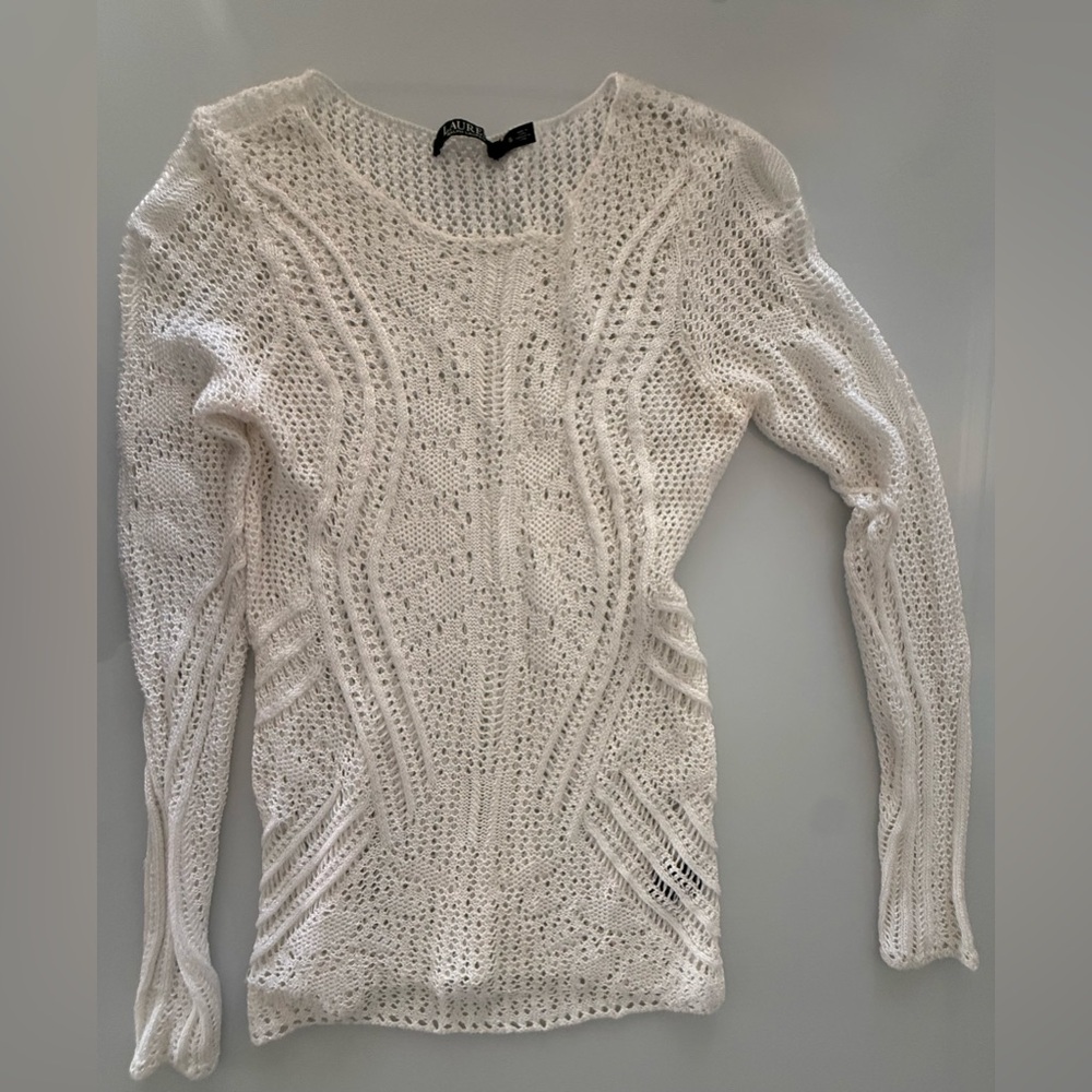 Lauren Ralph Lauren White Knit Pointelle Sweater Womens Small Long Sleeve Scoop